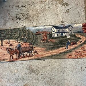 Vintage Tapestry Fall Scene Cottage Core Family country 12”x33”